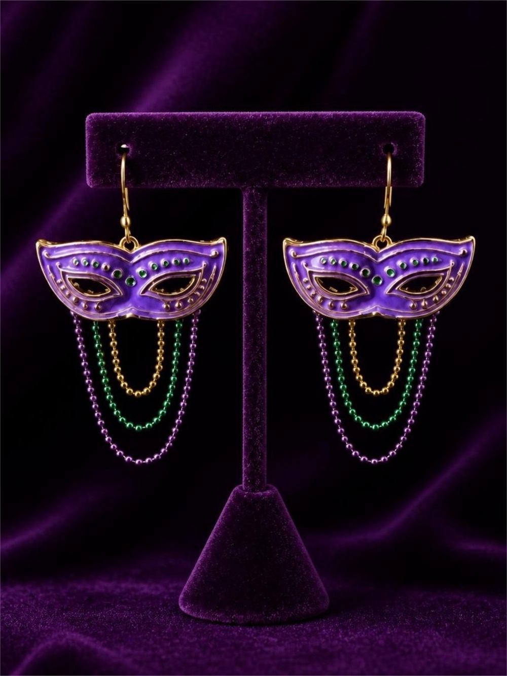 Purple Mardi Gras Mask Drop Earrings with Green Purple & Gold Bead Chains